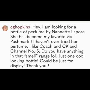 ISO Nanette Lapore perfume or even empty bottles for display. Thank you.